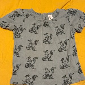 Kate Quinn Teal Tee with Squirrel Bicycle Print and Puff Sleeve